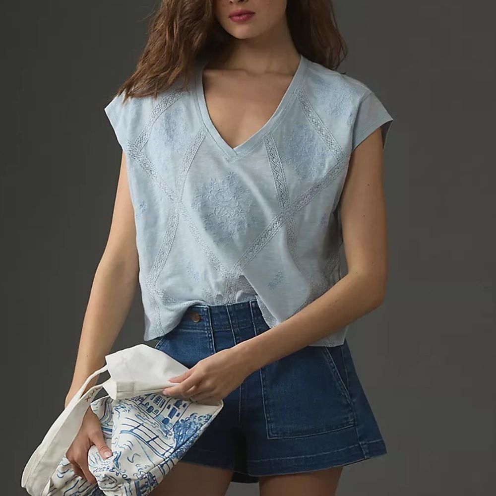 Anthropologie Light Blue Embroidered V-Neck Short Sleeve Top